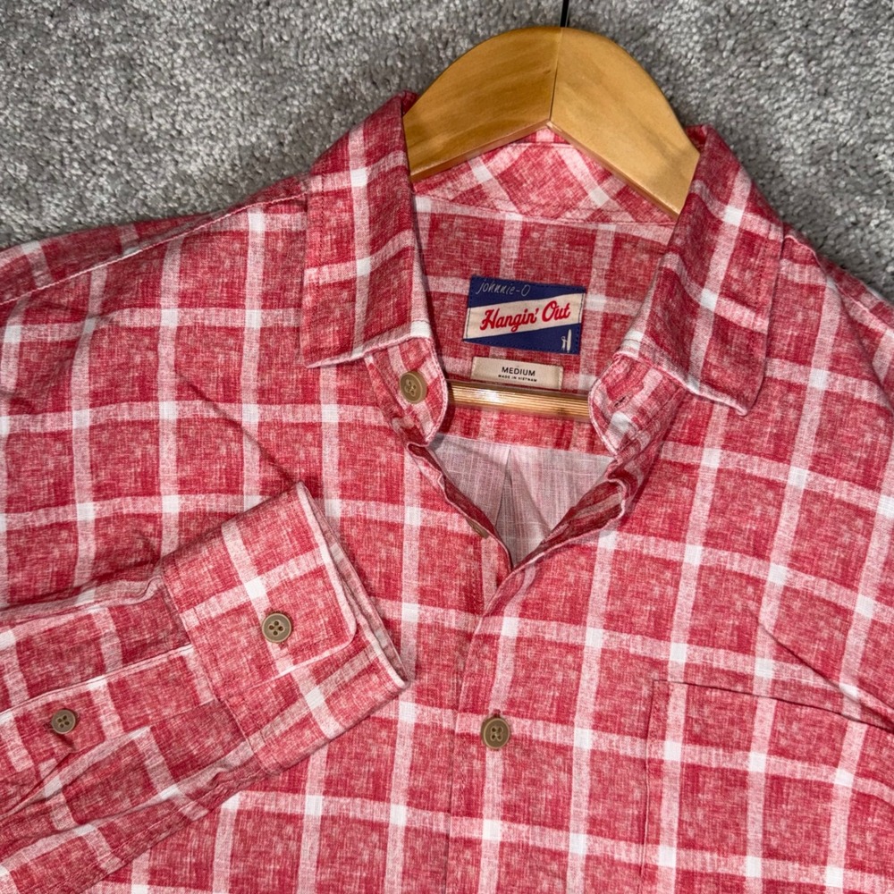 Johnnie O Hangin Out Men's M Red White Plaid Long Sleeve Button Down Shirt